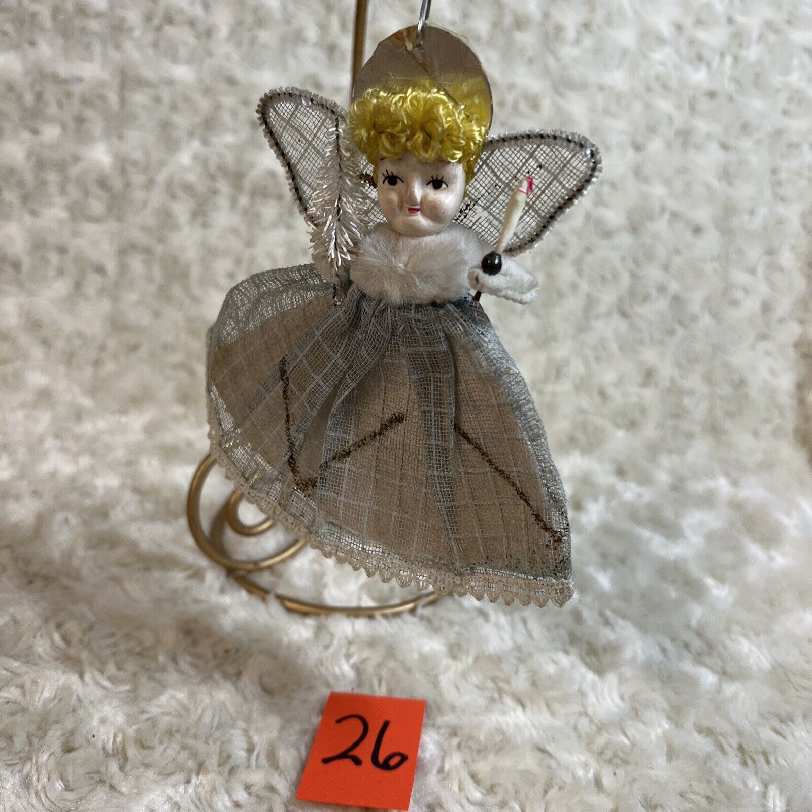Vtg. Tulle Mesh & Chenille Angel with Candle And Tree Japan 5” #26