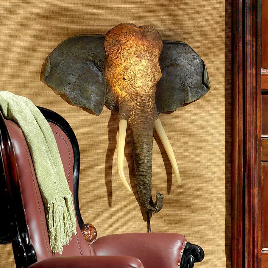 19th Century Style African Elephant Head Lighted Exotic Wall Sculpture Sconce