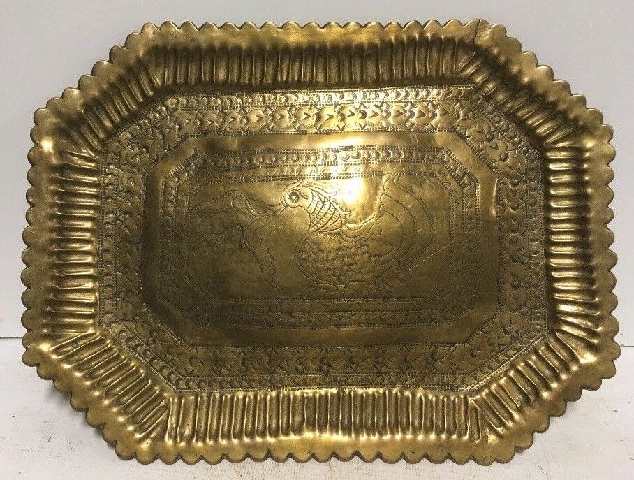 Antique 19th C. Islamic Persian Chased Brass Tray Platter Rooster Bird 11\