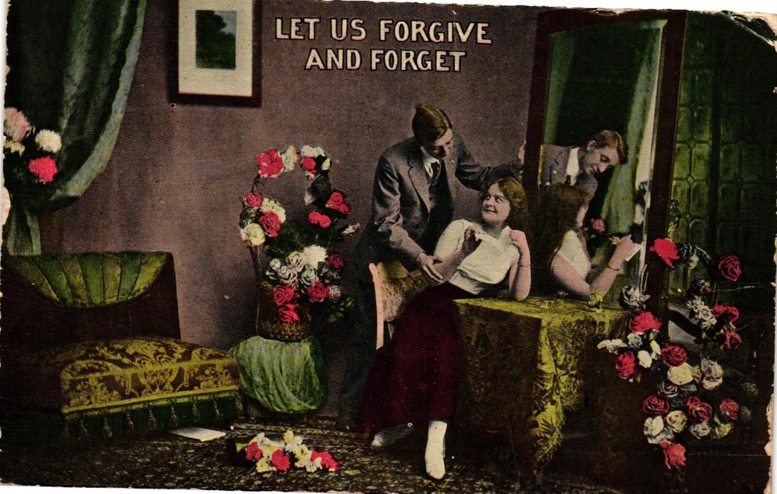 Vintage Postcard- ROMANTIC, LET US FORGIVE AND FORGET, COUPLE TALKIN Posted 1910