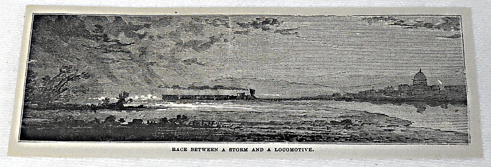 1878 magazine engraving ~ RACE BETWEEN A STORM AND A LOCOMOTIVE
