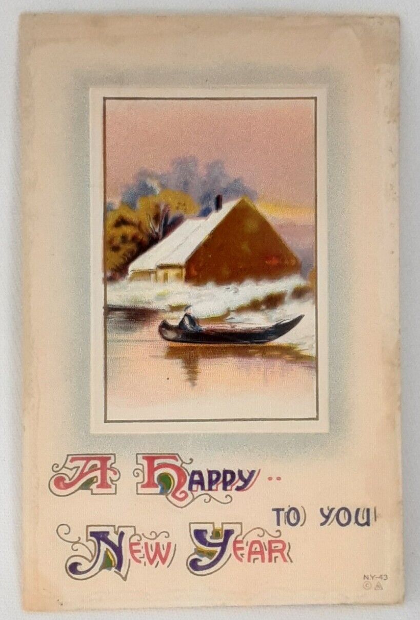 New Year Post Card E P Charlton Series NY-43 Embossed Canoe On A Lake Unposted