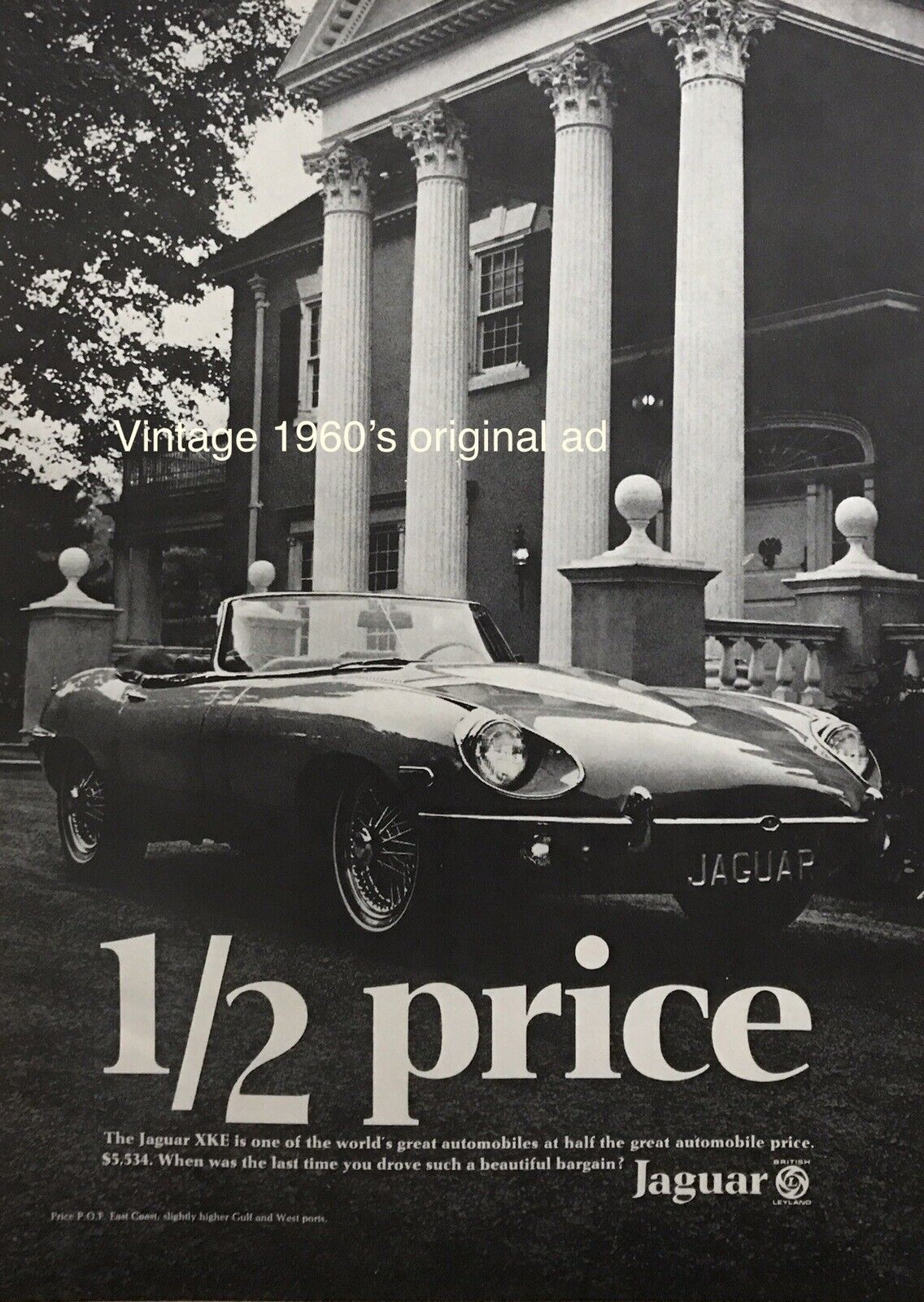 1968 Jaguar XKE Convertible PRINT AD “Half Price” Sports Car VINTAGE