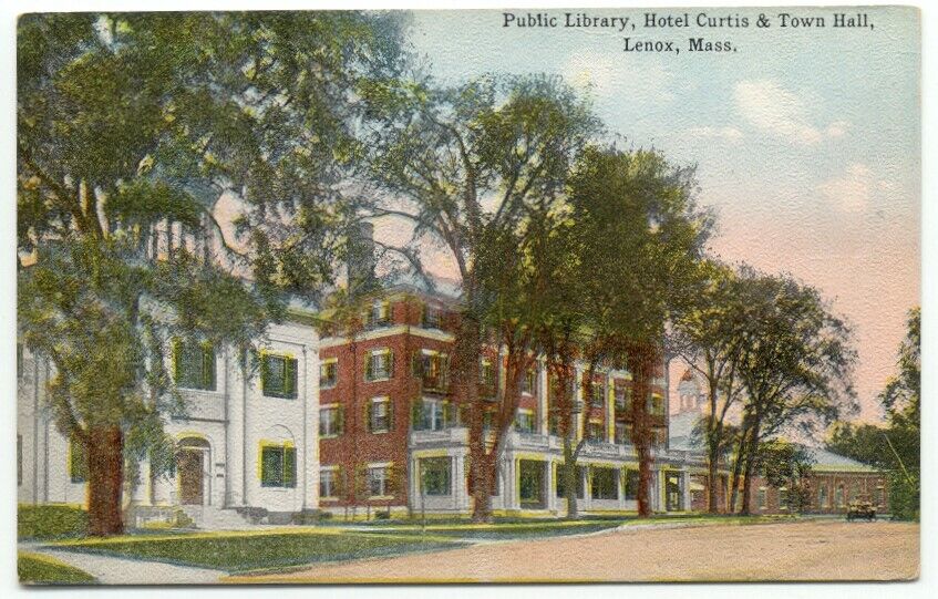 Lenox MA Public Library Hotel Curtis & Town Hall Postcard Massachusetts