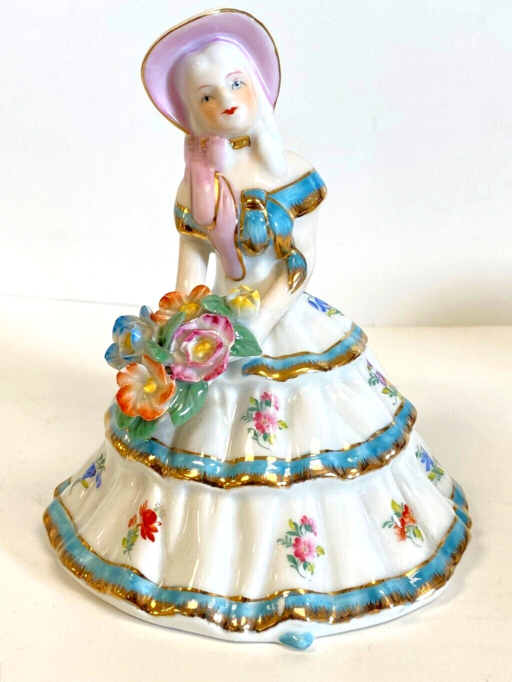 Vintage Southern Belle Porcelain Figurine White Dress Flowers Gold Accents China