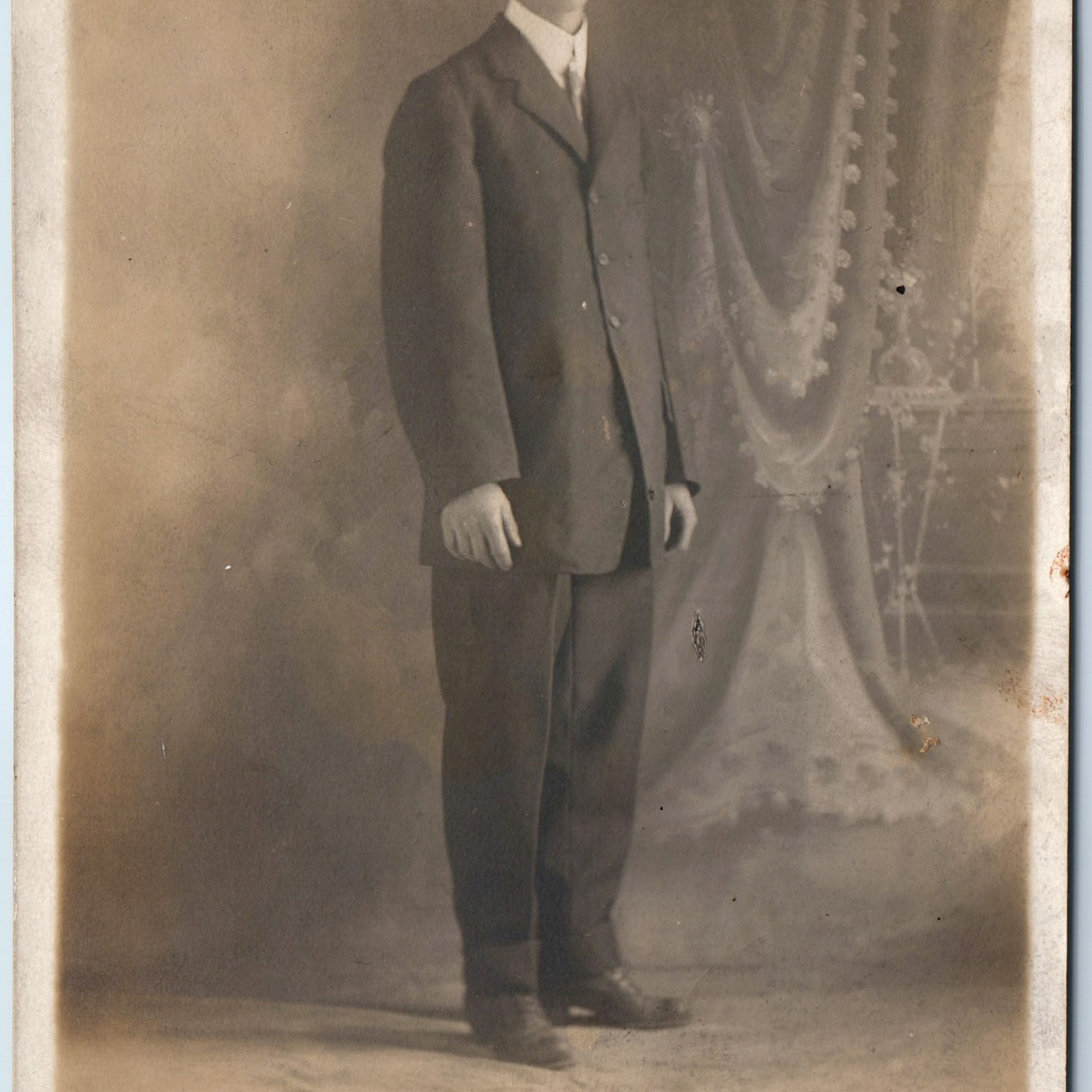 c1910s Tall Young Gentleman RPPC Portrait Big Man Suit Real Photo Postcard A261
