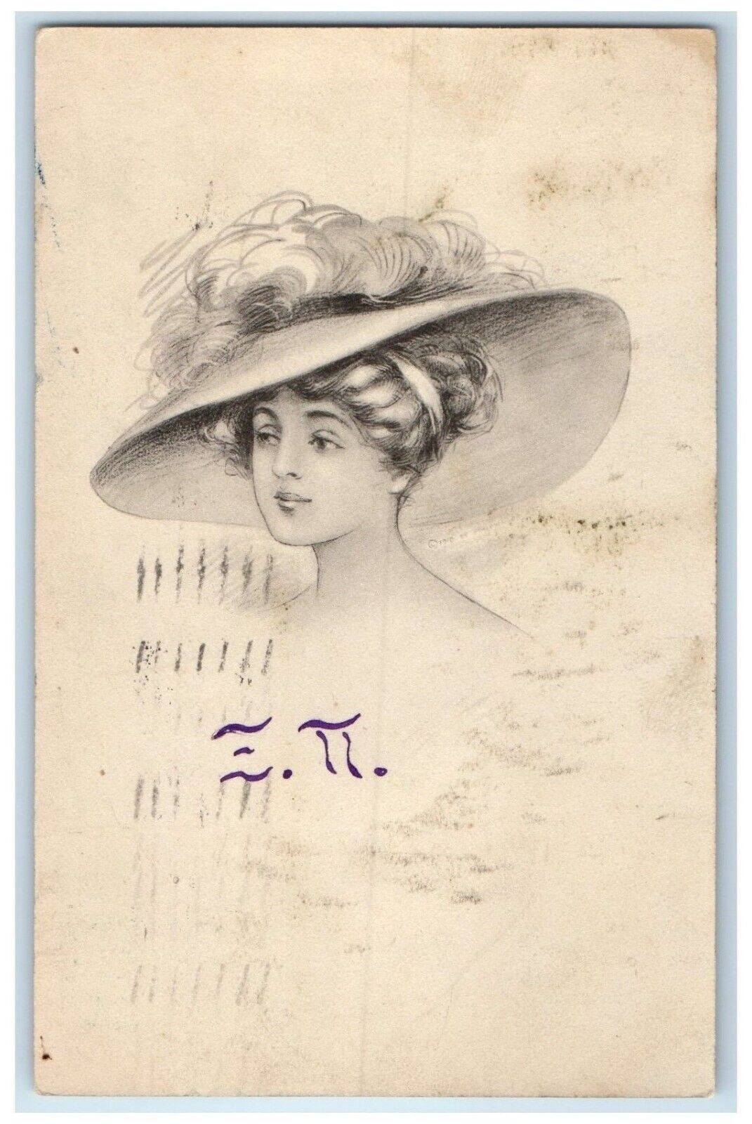 1911 Victorian Pretty Woman Big Hat Feather Kankakee Illinois IL Posted Postcard