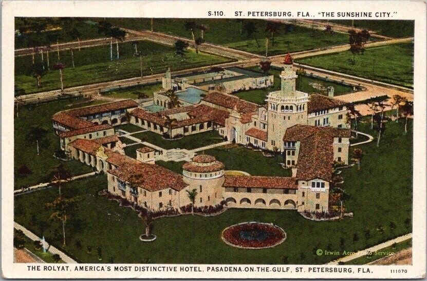 c1920s St. Petersburg, Florida Postcard ROLYAT HOTEL Aerial View / Curteich