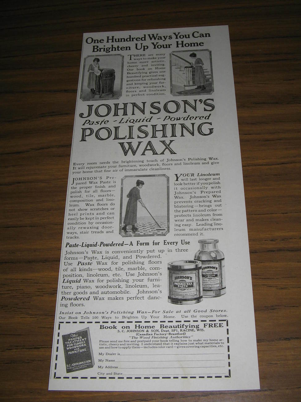 1923 Vintage Ad Johnson\'s Polishing Wax Housewife Cleans Home