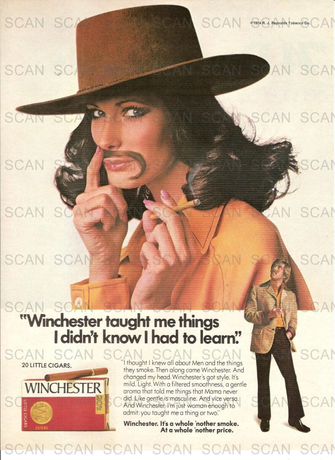 1974 Winchester Little Cigars Vintage Magazine Ad   Woman w/Hat & Moustache