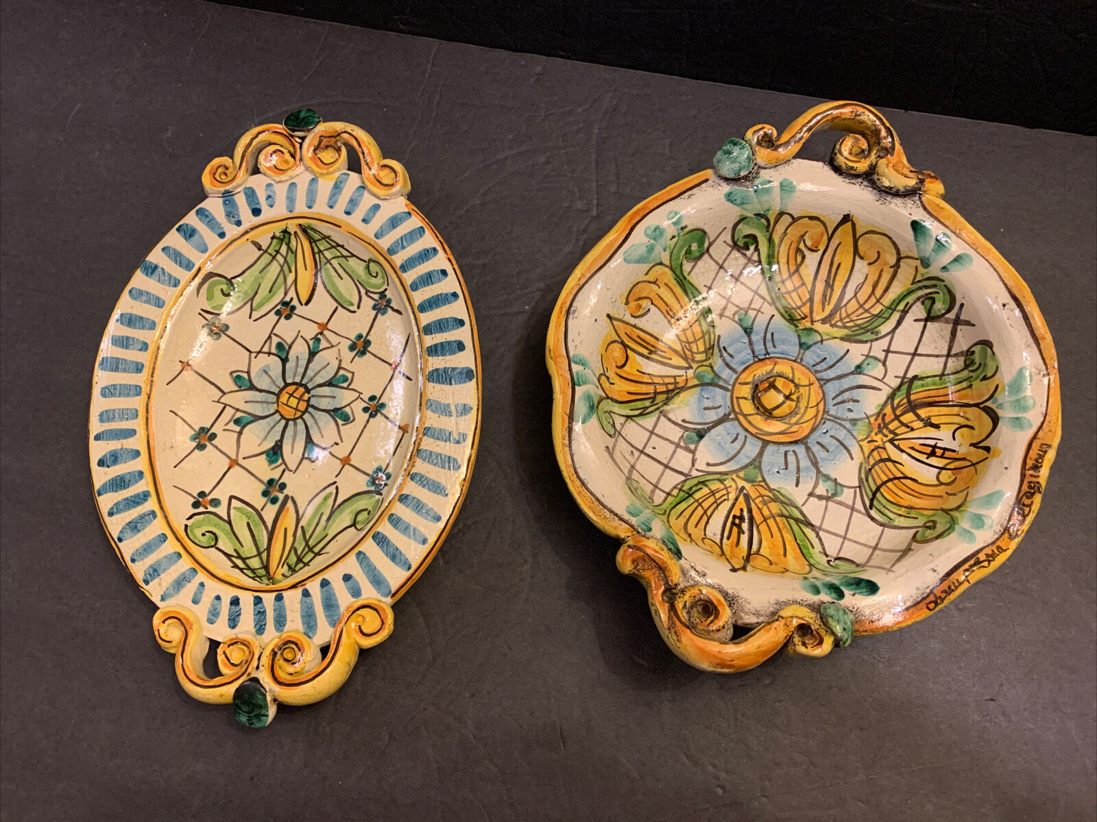 Antique Lampasona Caltagirone Italian Pottery Handled Bowl & Small Tray Rare