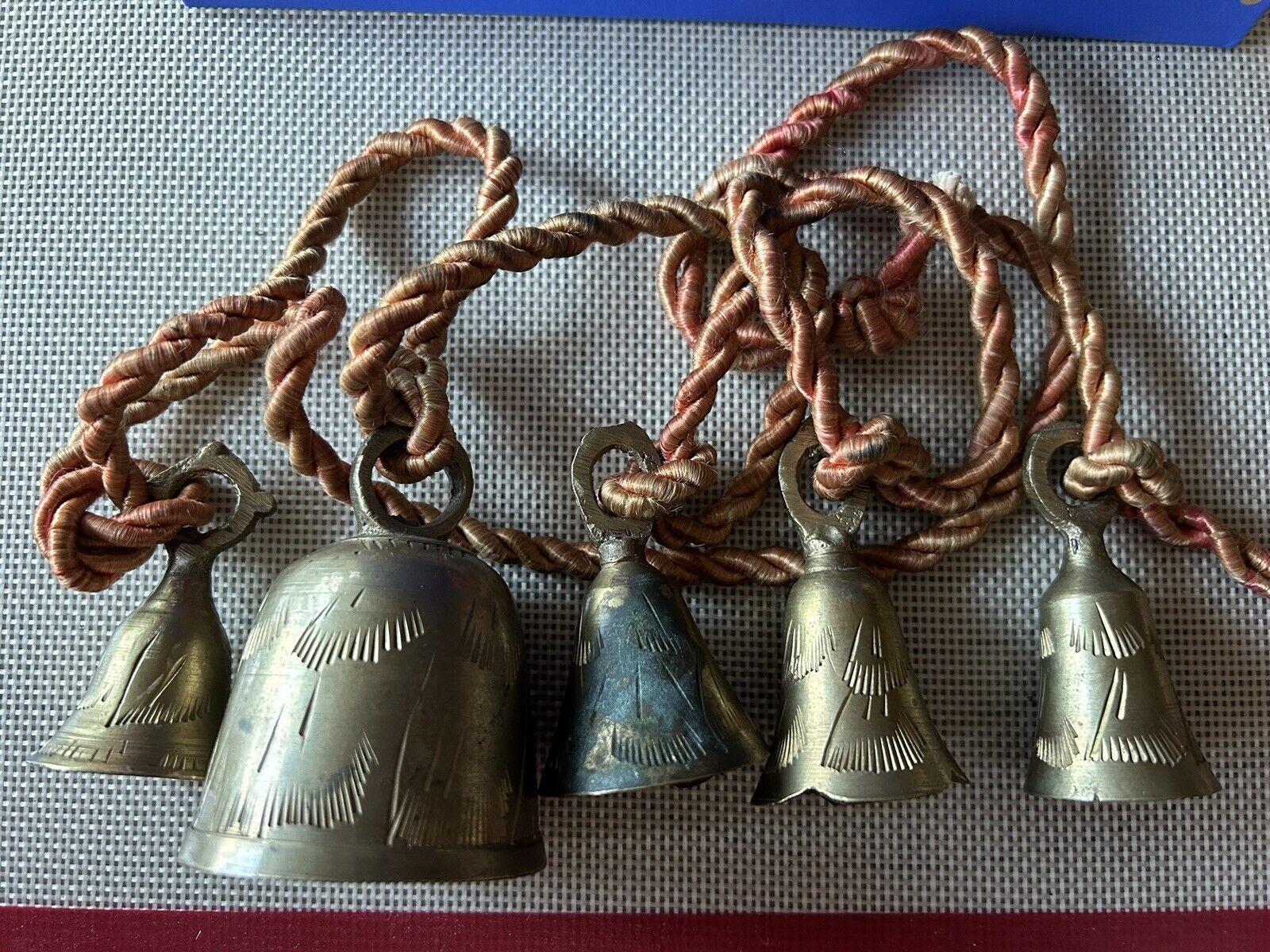 Vintage String of 5 Brass Etched Bells on Rope Different Shapes India Feng Shui