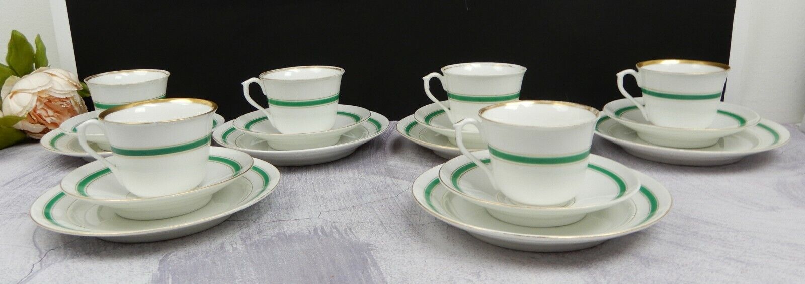 Six Antique White,Green & Gold Trim ~Set Trio Cup,Saucer,Dessert Plate W/Chips
