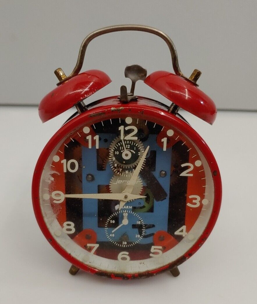 Vintage Jerger Twin Bell Alarm Clock Transparent Dial Exposed Movement 