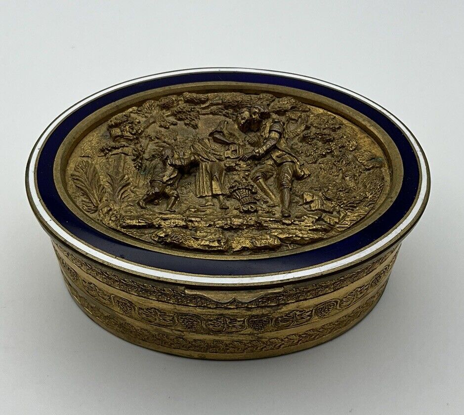 Antique Gilt Bronze Oval Trinket Jewelry Box with Navy & White Enamel Lid VGUC