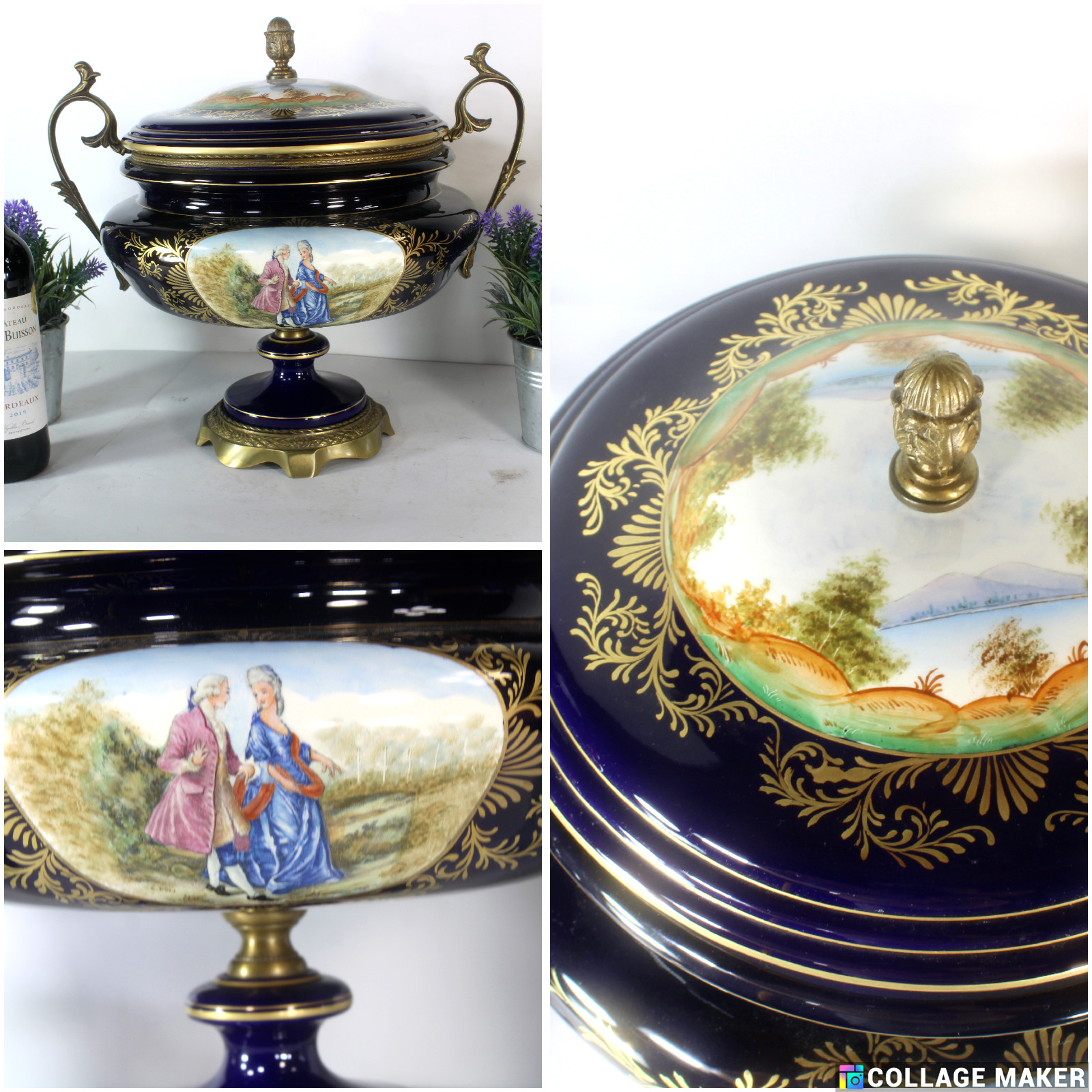 XL Cobalt limoges Decor  porcelain Centerpiece bowl victorian scene