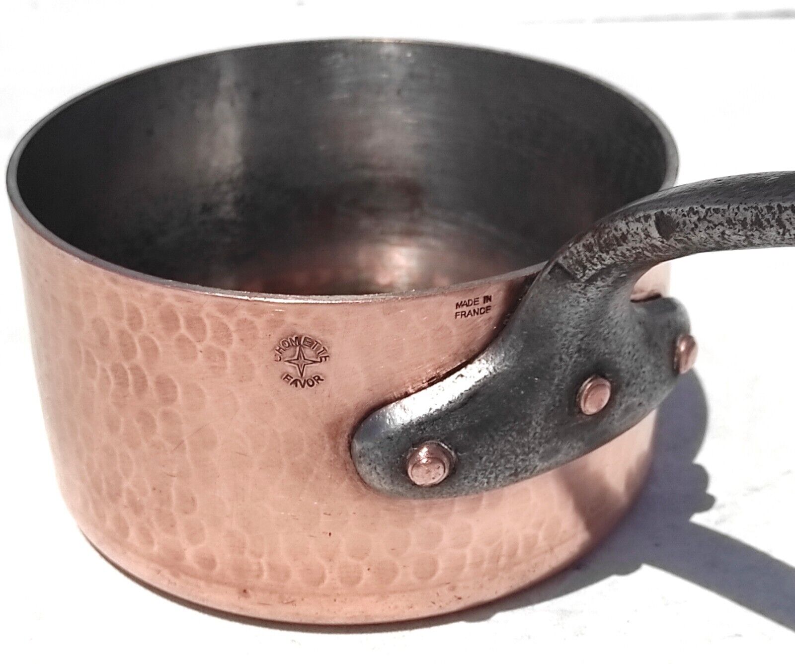 Vintage 7.3in French Copper Saucepan Chomette Favor Hammered Tin Lining 3mm 5lbs