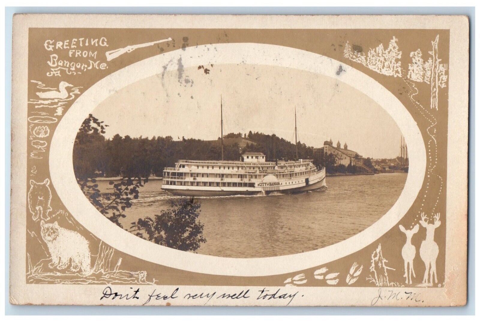 1903 City Of Bangor Steamship Greetings Bangor Maine ME RPPC Photo Postcard