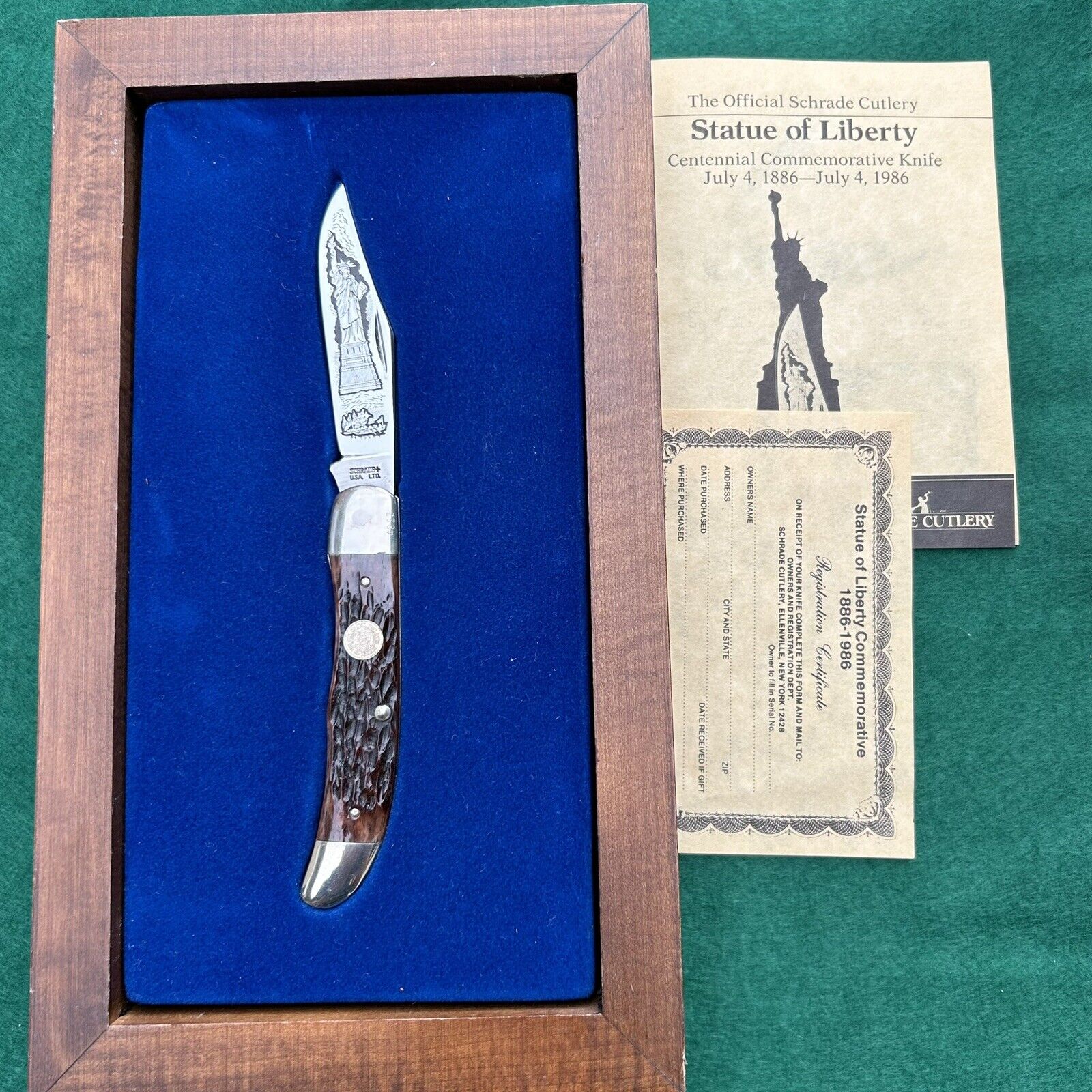 Schrade USA 1986 Bone Handle Statue of Liberty Centennial Pocket Knife W/ Case