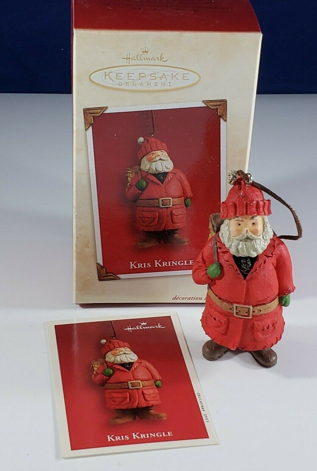 2003 Hallmark Ceramic Christmas Ornament Kris Kringle Santa Claus Back Pack Box 