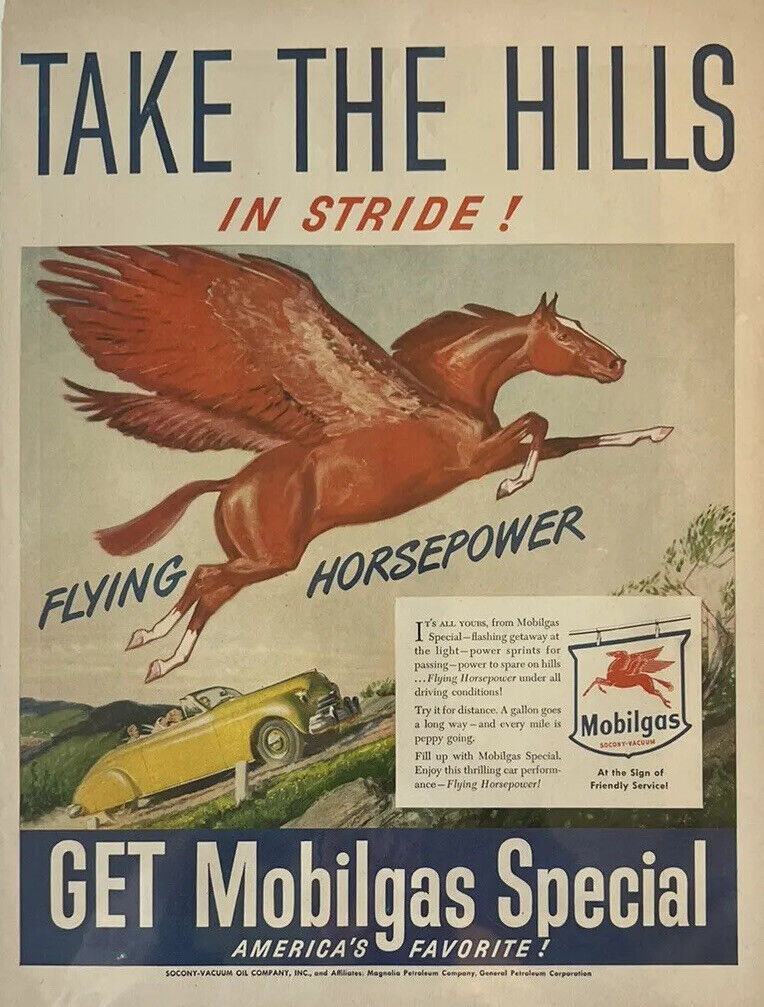 rare vintage print ad  mobilgas Take The Hills In Stride
