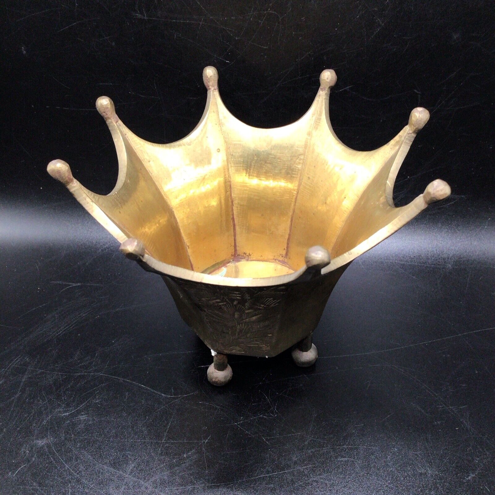 Vtg Brass Rare 8 Point Crown Footed Trinket Dish ostrich egg stand INDIA
