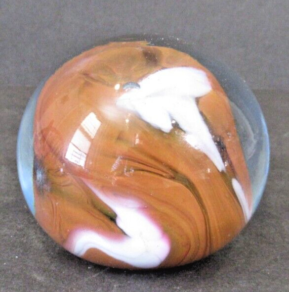 George Williams Brown and White Hand Blown Art Glass Paperweight - Stamped GW