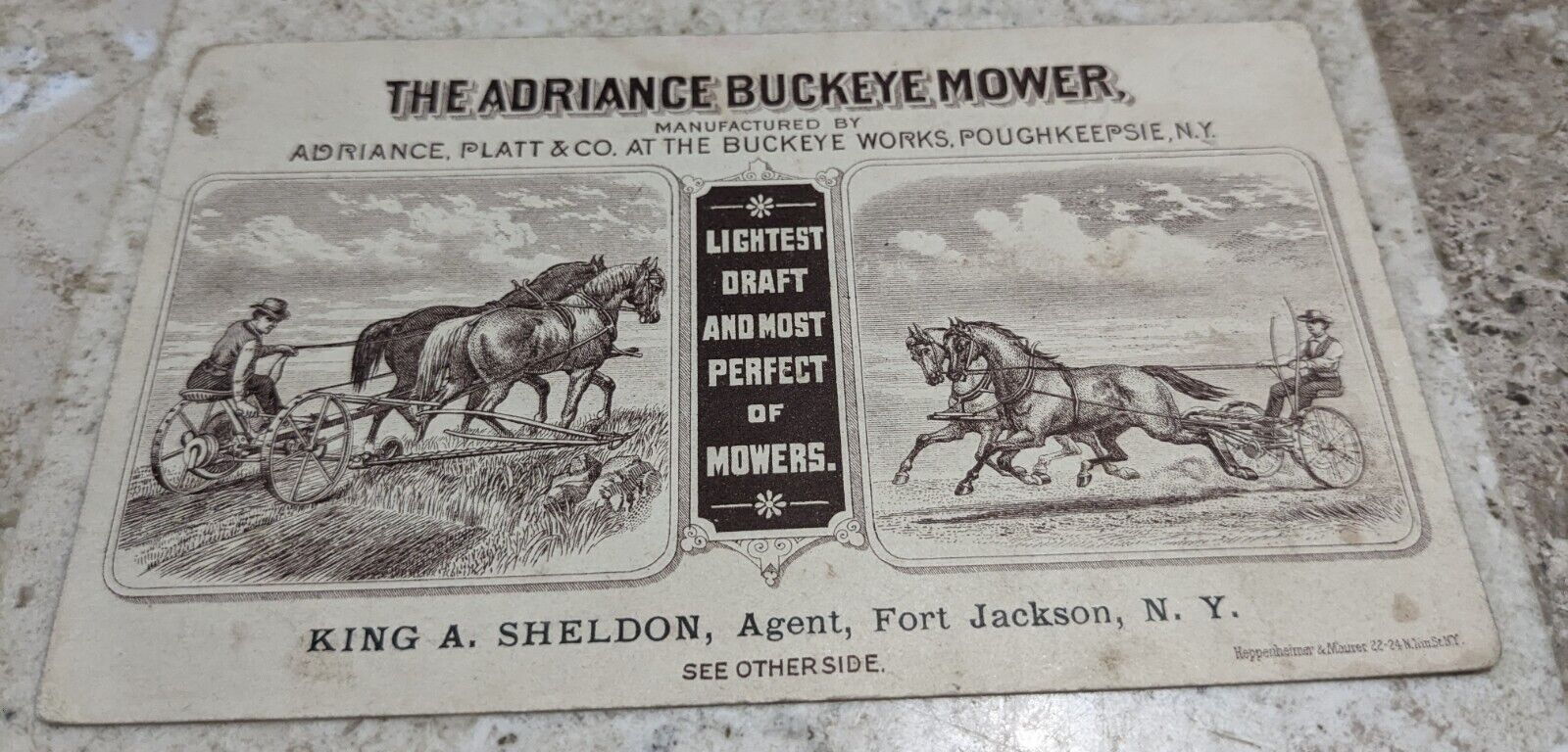 *RARE* VICT. TRADE CARD THE ADRIANCE BUCKEYE LAWN MOWER FORT JACKSON NY
