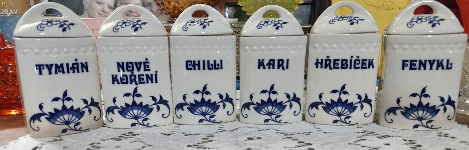 Beautiful  Porcelain czech spice jars W/ Lids 6  name of spices written in czech