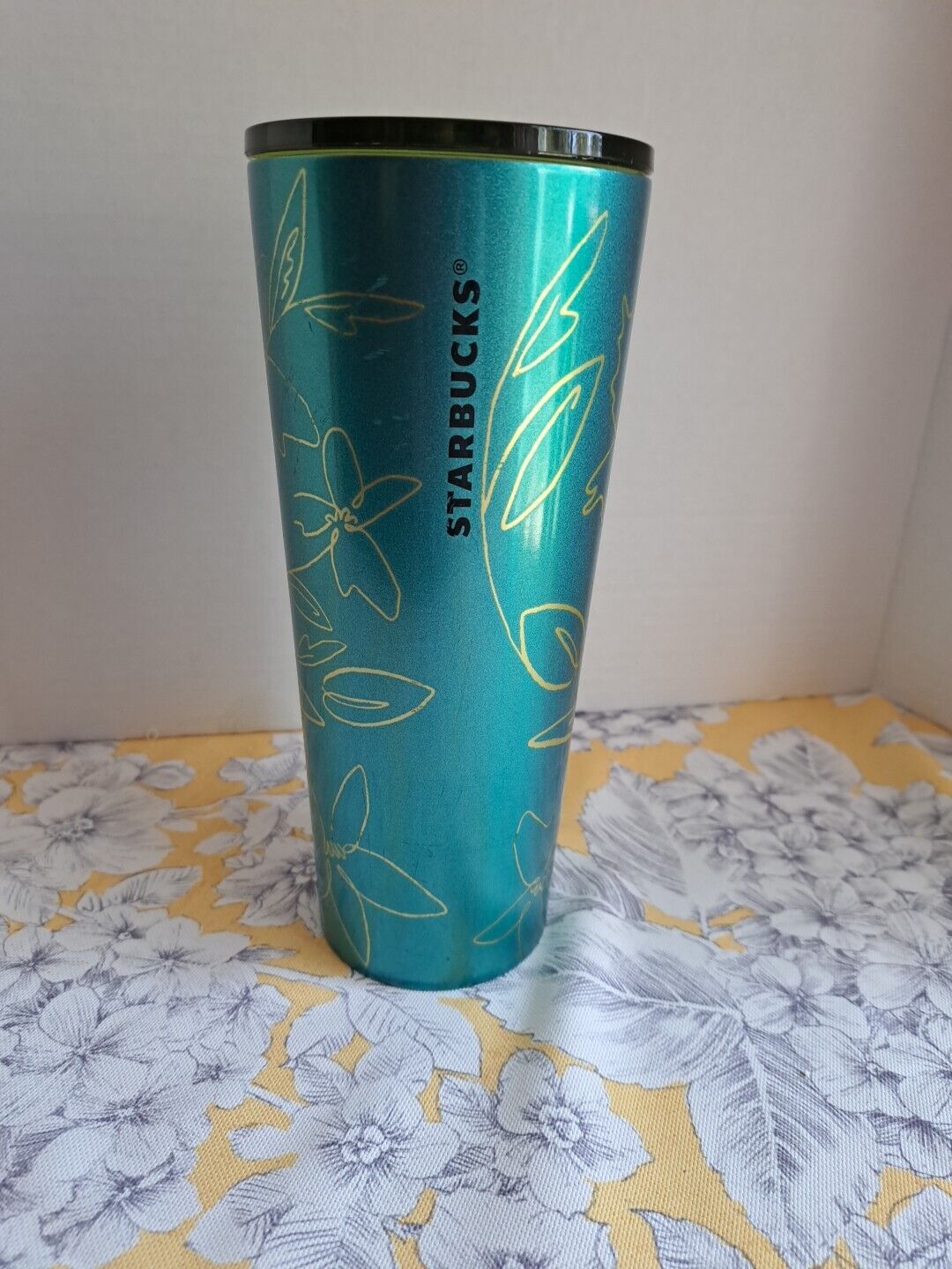STARBUCKS 2022 SPRING TEAL FLORAL STAINLESS STEEL COLD CUP TUMBLER W/lid  24 OZ.