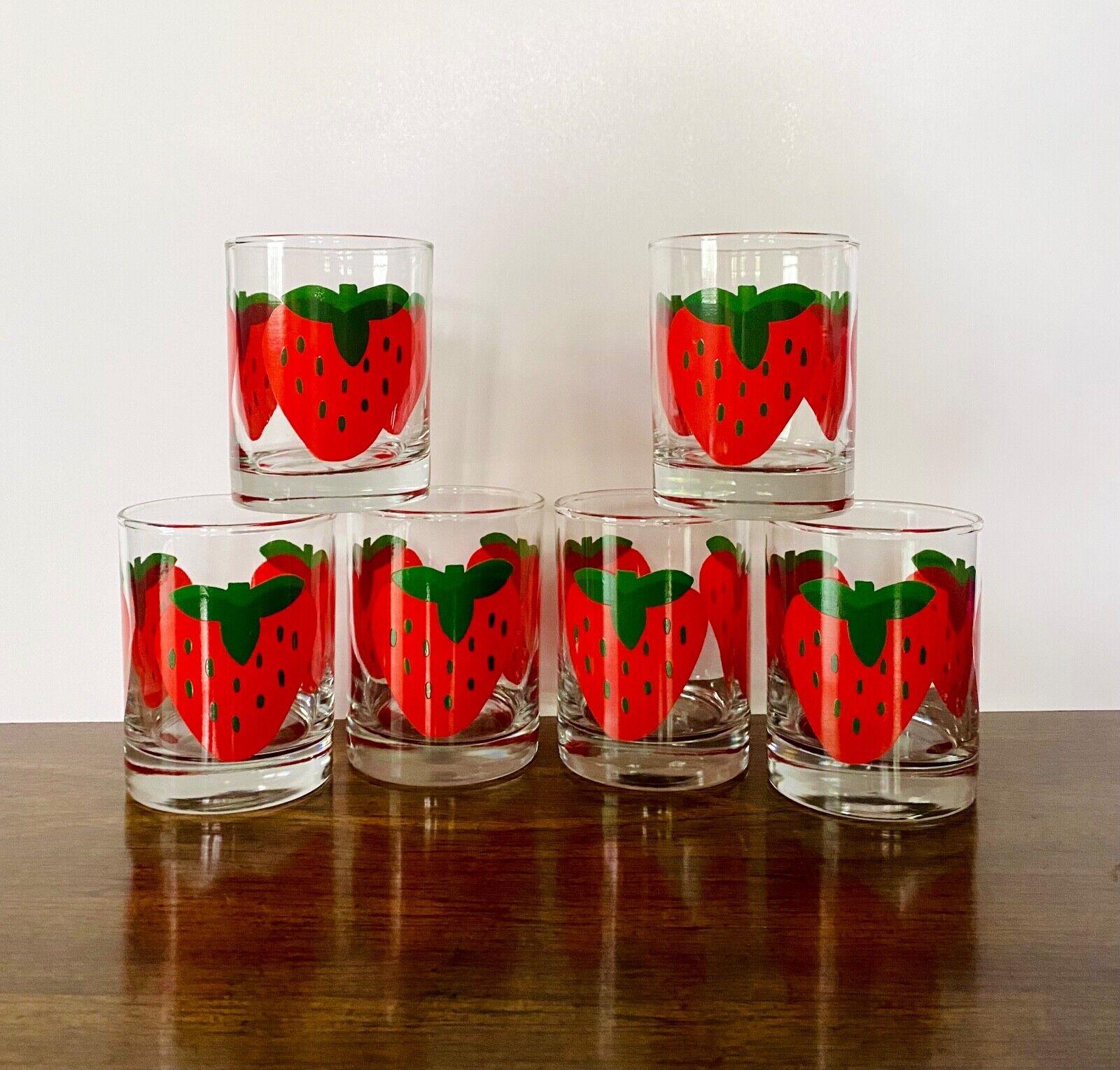 6 Vintage Indiana Glass Strawberry  Print Lowball Whiskey Drinking Glasses 