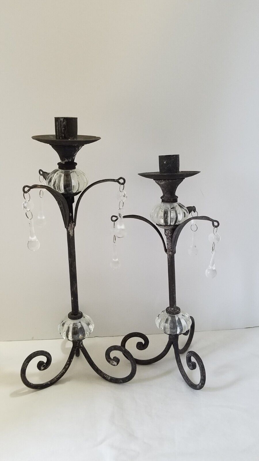 Wrought Iron Candlesticks, Glass Globes Prisms Antique Vintage