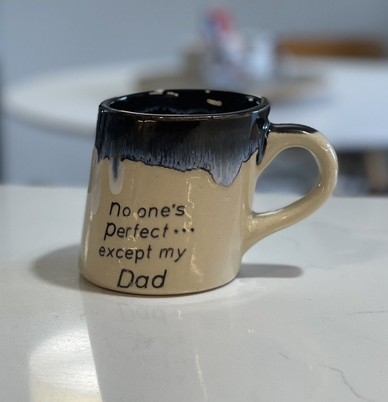 VINTAGE DRIP GLAZE POTTERY COFFEE CUP SLANTED NO ONE\'S PERFECT EXCEPT MY DAD