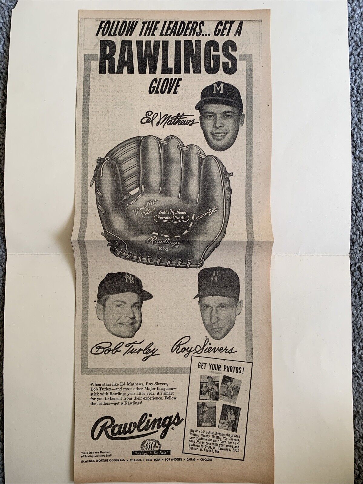 Rawlings Gloves Eddie Mathews Roy Sievers Bob Turley 1958 Sporting News 7X16 Ad