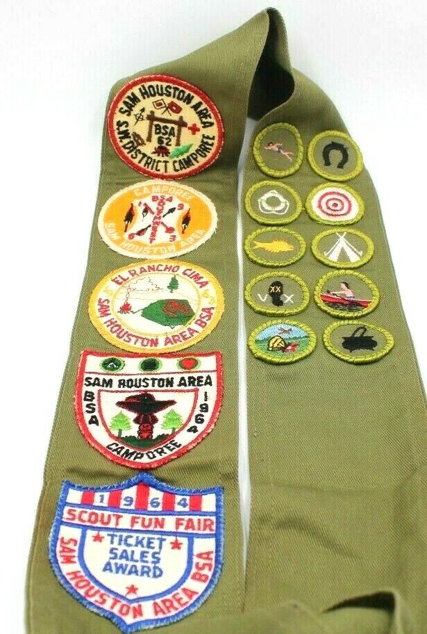 Vintage Sam Houston Council Merit Badge Sash with Event Camp Patches TX BSA