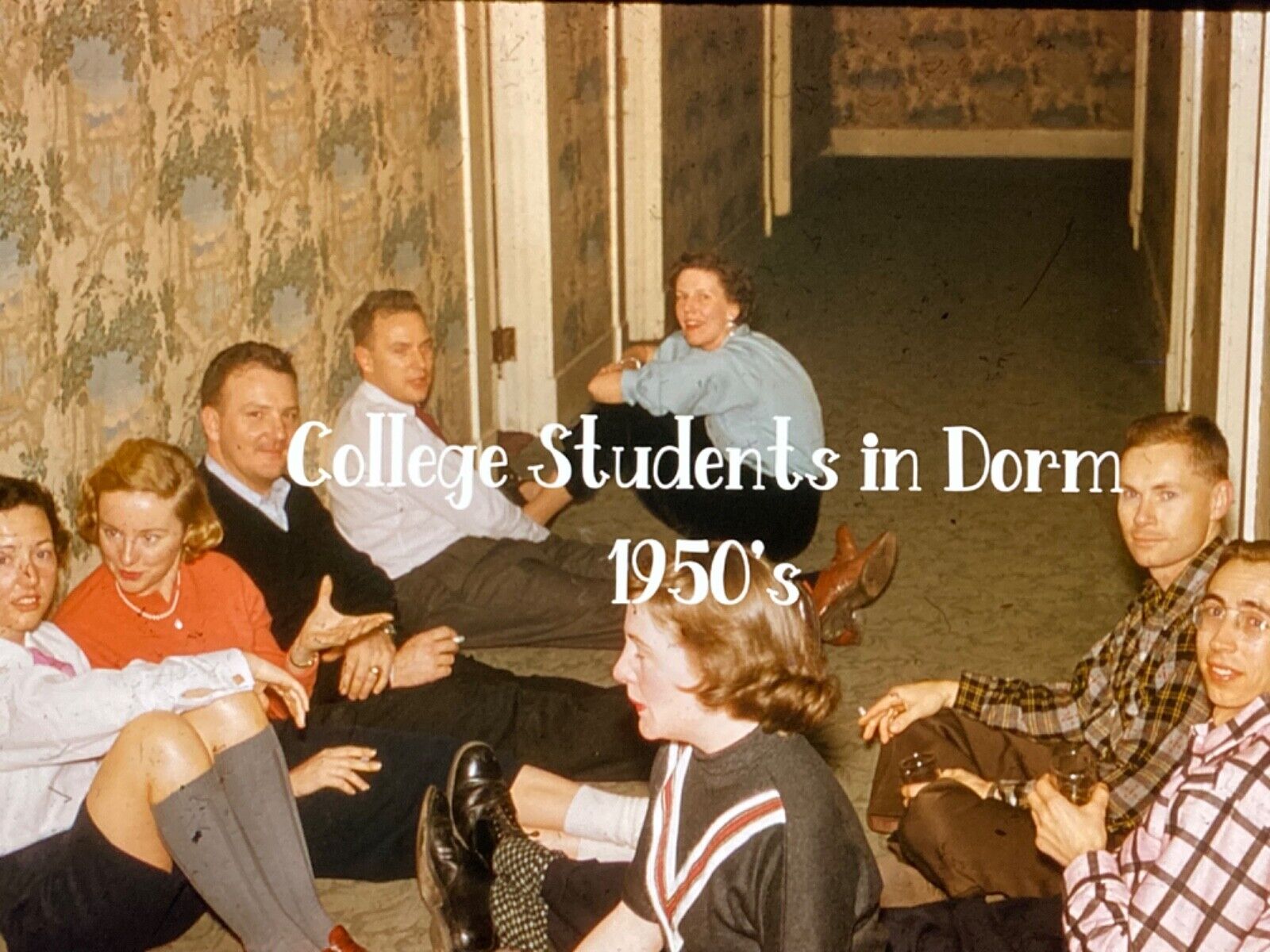 35mm slide College Students in Dorm - 1950\'s (Red Border)