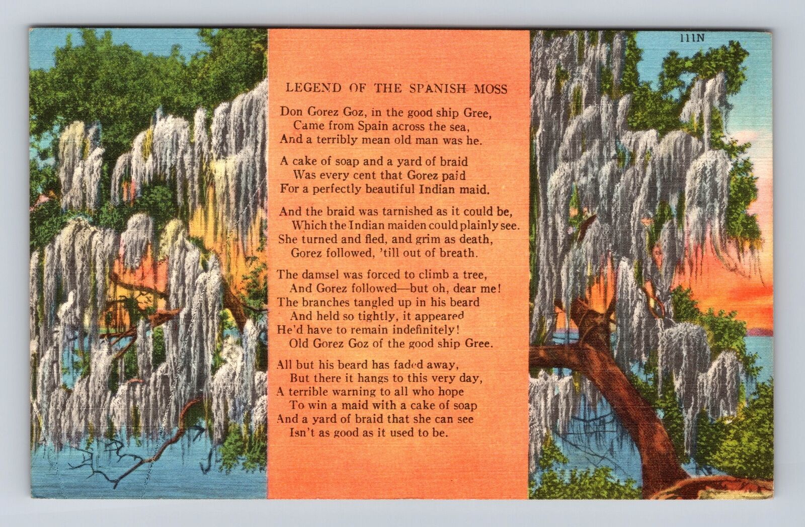 Legend Of The Spanish Moss, Poem, Antique, Vintage c1971 Souvenir Postcard
