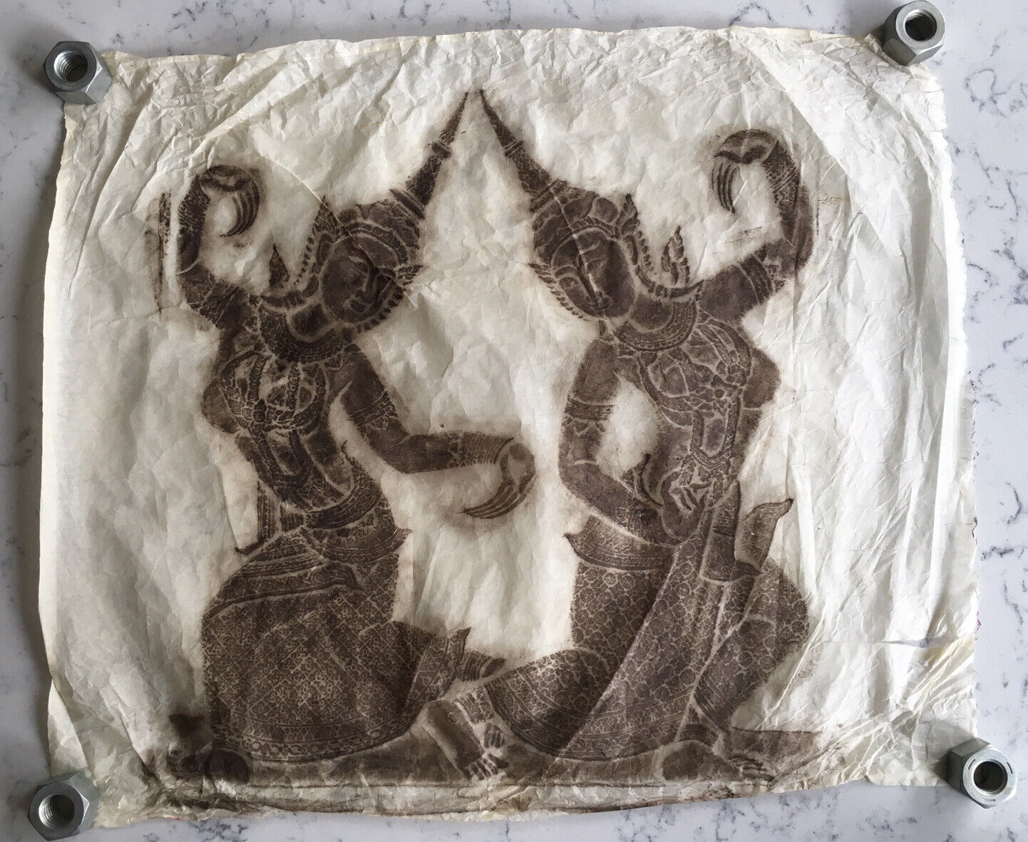 THAI BUDHIST TEMPLE RUBBING ON RICE PAPER BROWN FIGURES DANCING