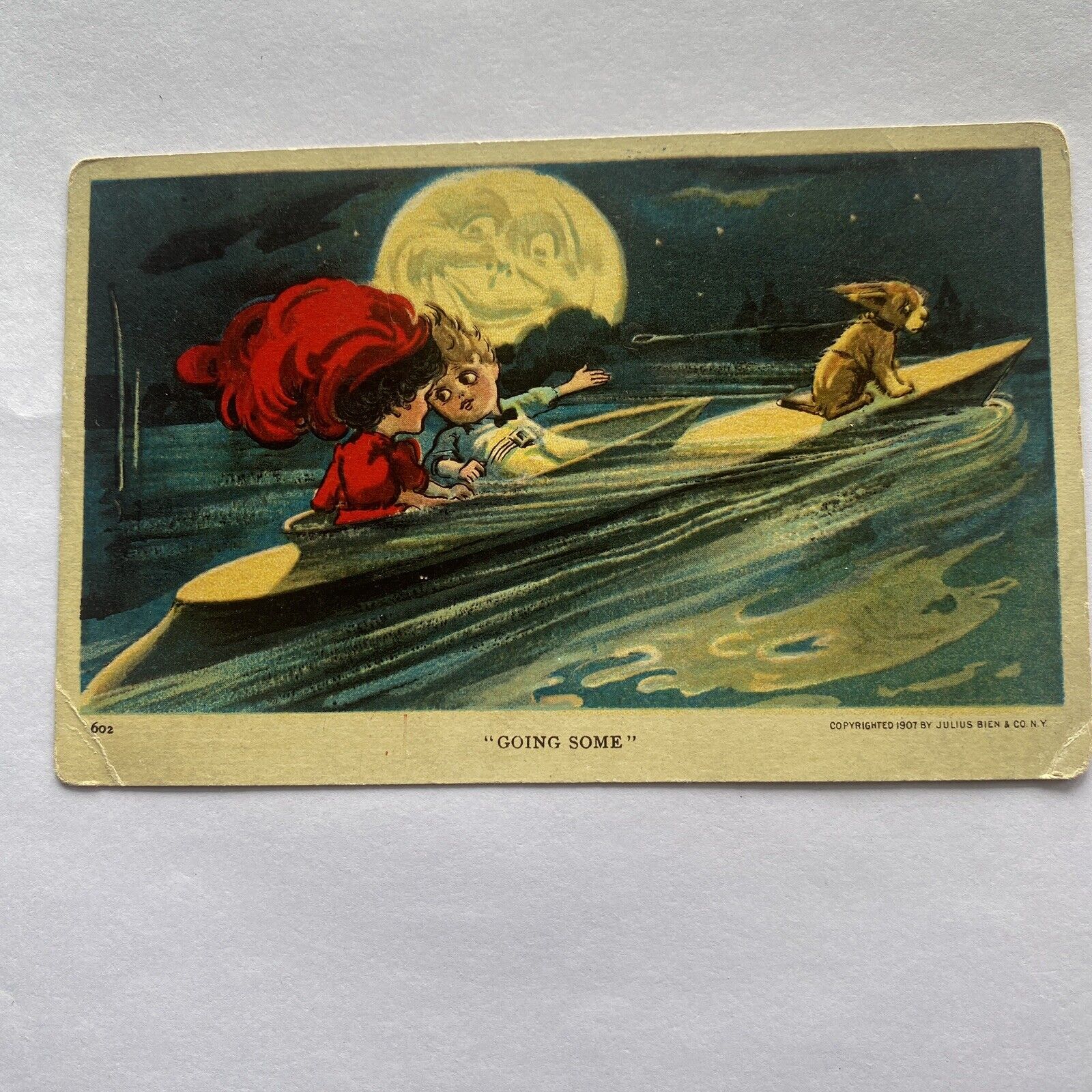 Going Some Postcard “The Honeymoon” VTG Couple On Boat With Dog Cartoon