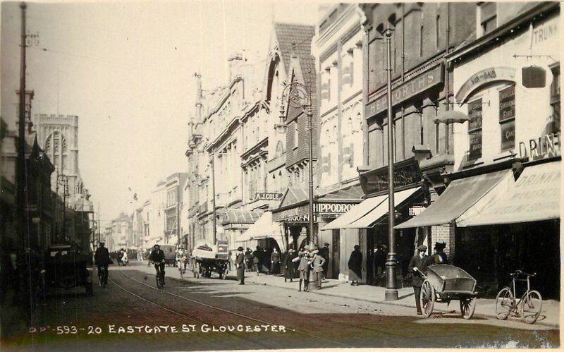 c1910 Gloucester Eastgate Street Hippodrome Saracens Hotel Bicycle RPPC Photo