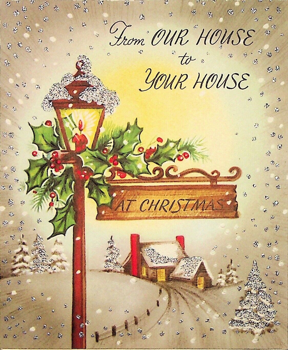 Vintage From Our House To Your House Glitter Sparkle Christmas Card A-Meri-Card