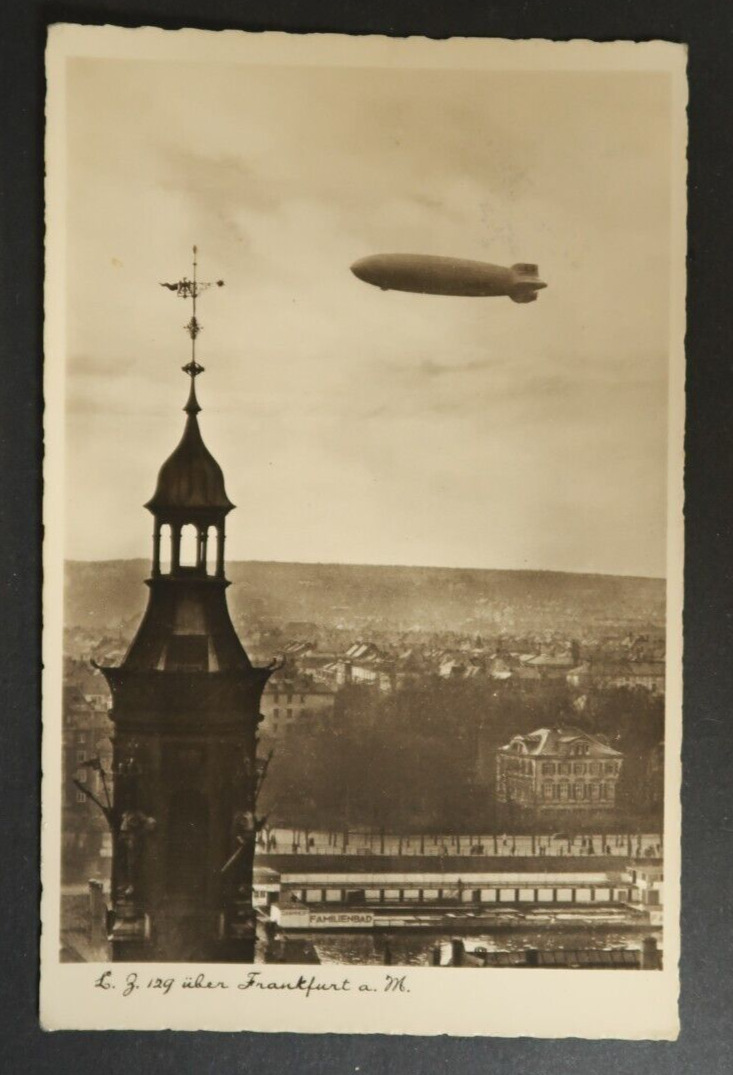 Hindenburg LZ 129 Postcard 1937 Zeppelin Blimp Airship RPPC Over Frankfurt