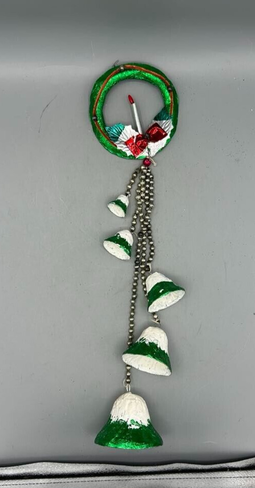 Vtg Christmas Hanging Foil Wreath Paper Mache Bells Mercury Glass Bead Ornament