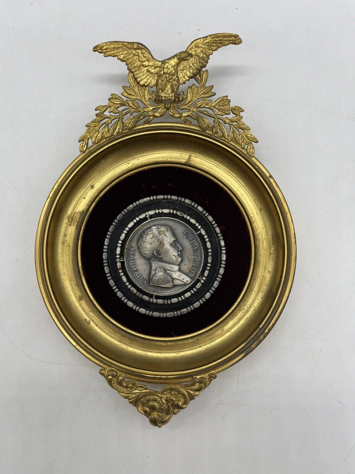 Antique Gold Gilt Repousse Emboss Eagle Crest Mini Frame w/ Napoleon EMP ET ROI