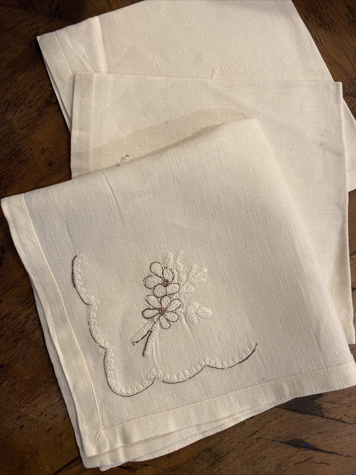 Vintage White Linen Flower Embroidered Napkins 3 Metallic Bronze Thread