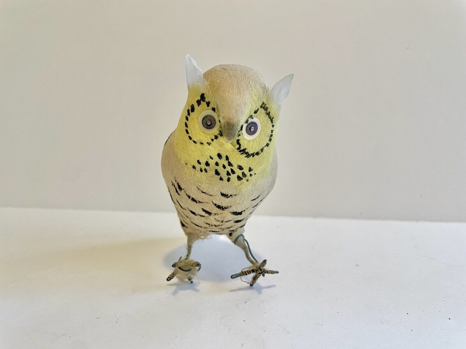 Vintage Hand Painted Owl Figurine Wire W/ Felted Batting & Feathers Yellow/Beige