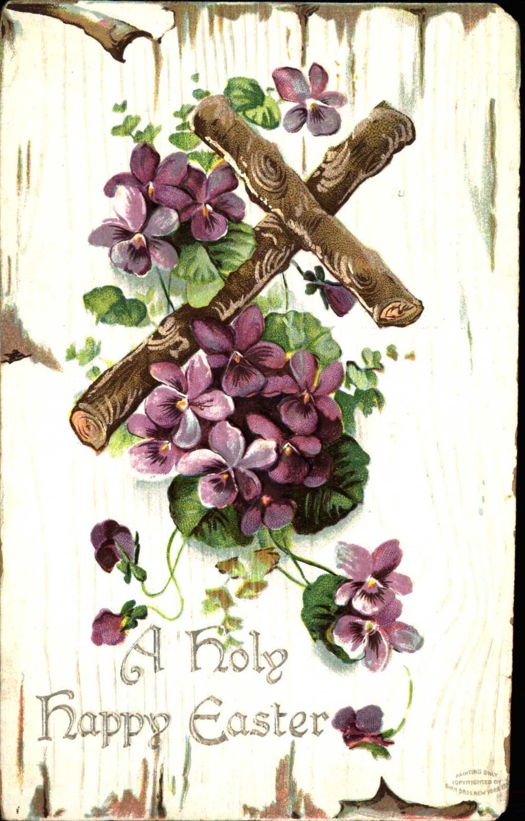 Easter beautiful design ~ rustic cross wood violets Birn Brothers 1912 embossed
