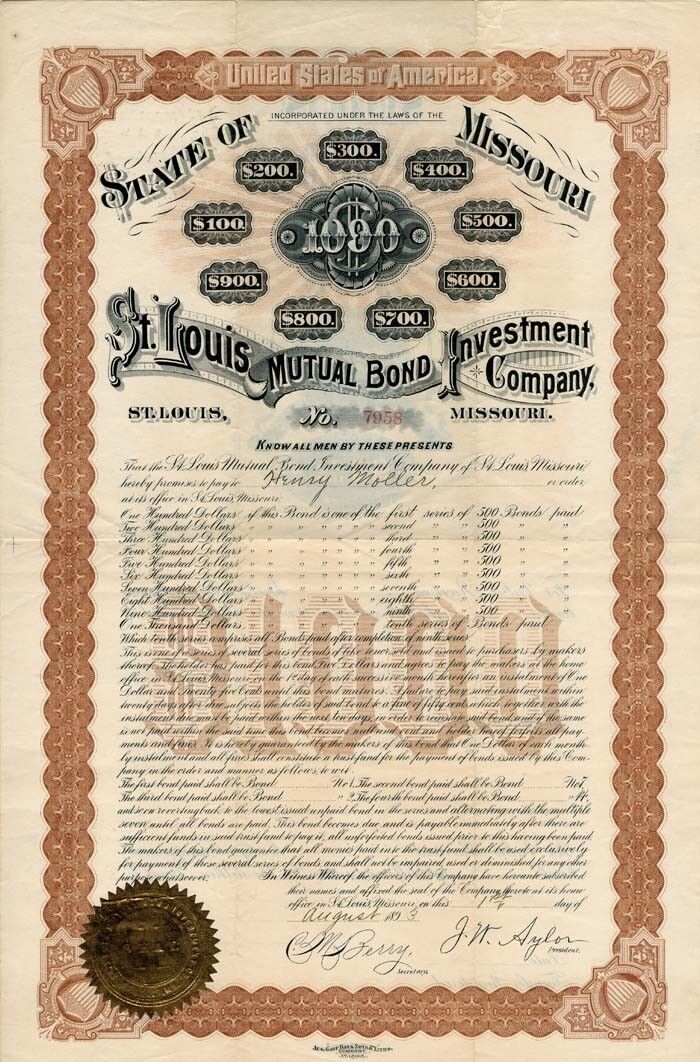 St. Louis Mutual Bond Investment Co. - $1,000 Bond - Investment Stocks and Bonds