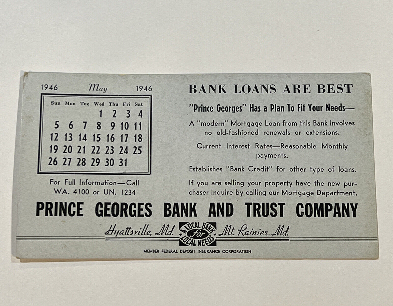 1946 Prince Georges Bank Trust Calendar Hyattsville Maryland Mt Rainier Maryland
