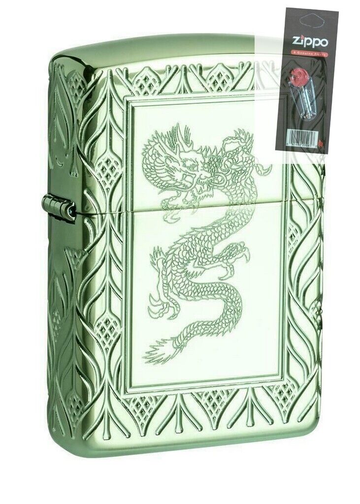 Zippo 49054 Elegant Dragon Pattern  Green Armor Lighter + FLINT PACK